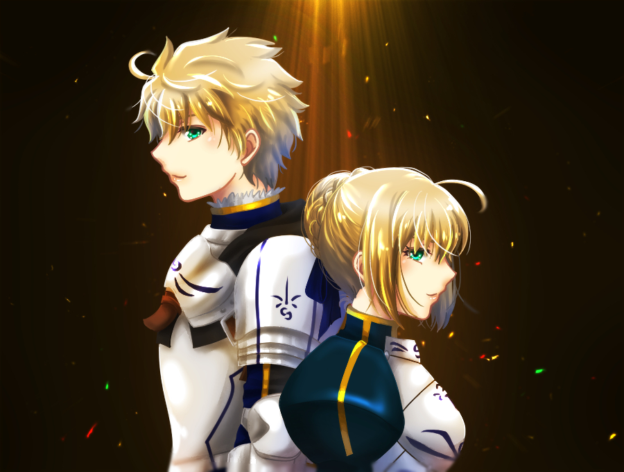 1boy, 1girl, ahoge, arthur_pendragon_(fate), artoria_pendragon_(all), back-to-back, black_background, blonde_hair, braided_bun, breastplate, chi_wa, fate/prototype, fate/stay_night, fate_(series), green_eyes, parted_lips, profile, saber, short_hair, shoulder_armor, type-moon, upper_body