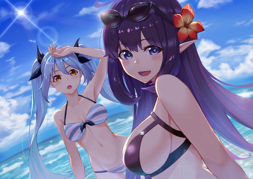 2girls, :d, absurdres, ahoge, alternate_costume, arm_up, bangs, bare_shoulders
