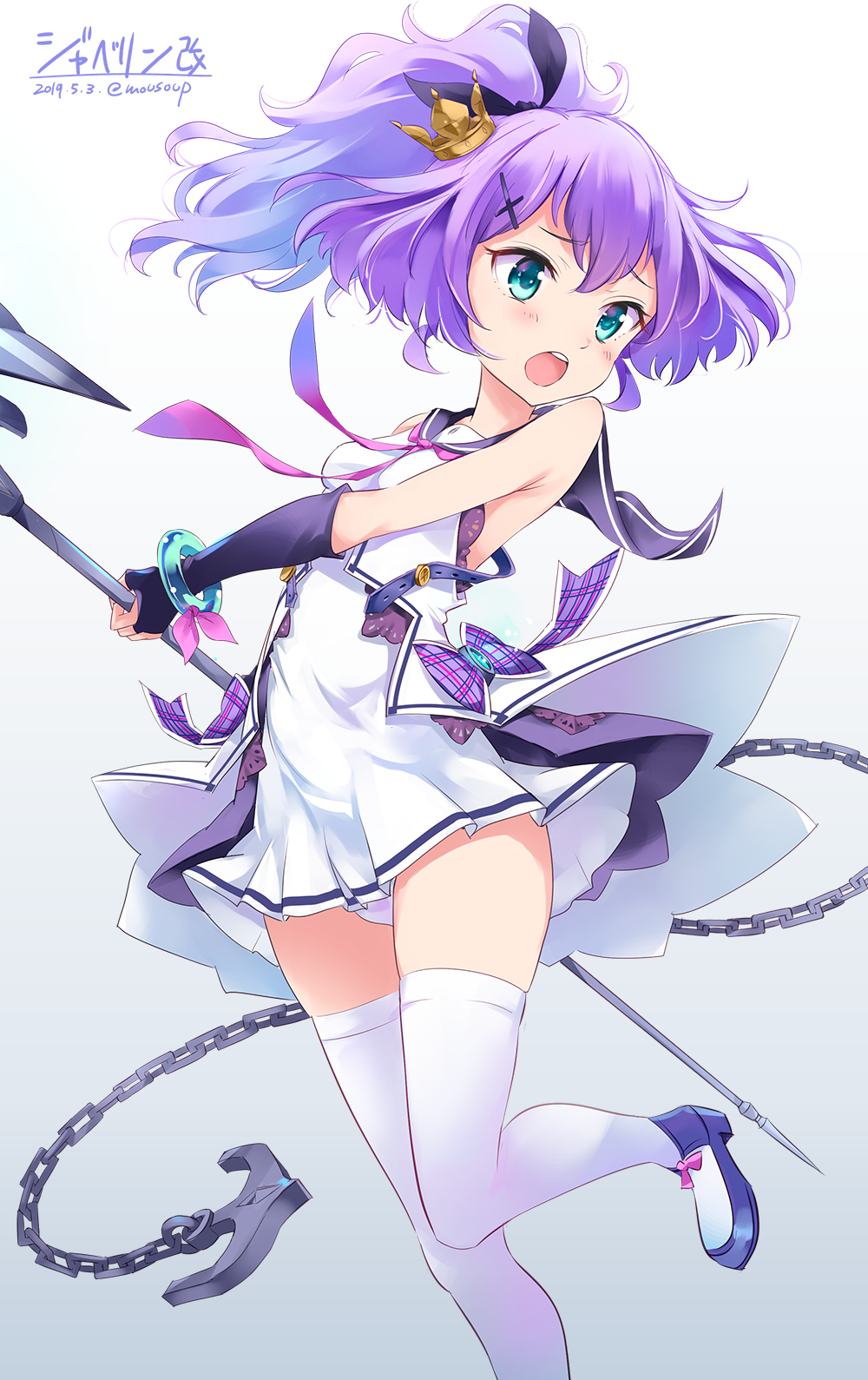 1girl, anchor, aqua_eyes, azur_lane, black_gloves, black_hairband, blue_footwear, blush