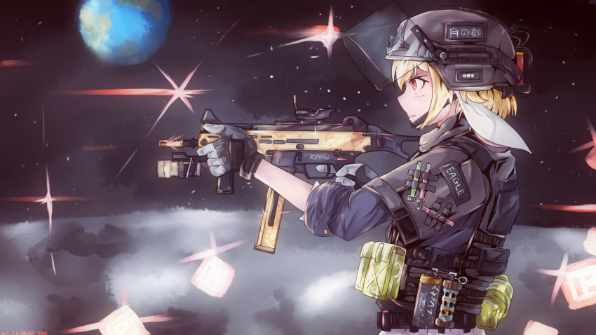 1girl, animal_ears, battle, blonde_hair, closed_mouth, commentary_request, earth, explosive