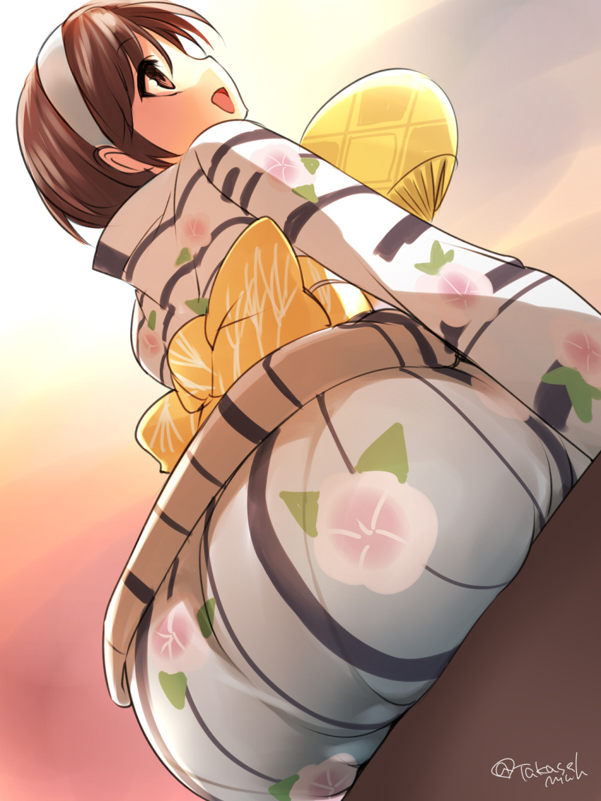 1girl, alternate_costume, brown_eyes, brown_hair, fan, floral_print, hairband, highres