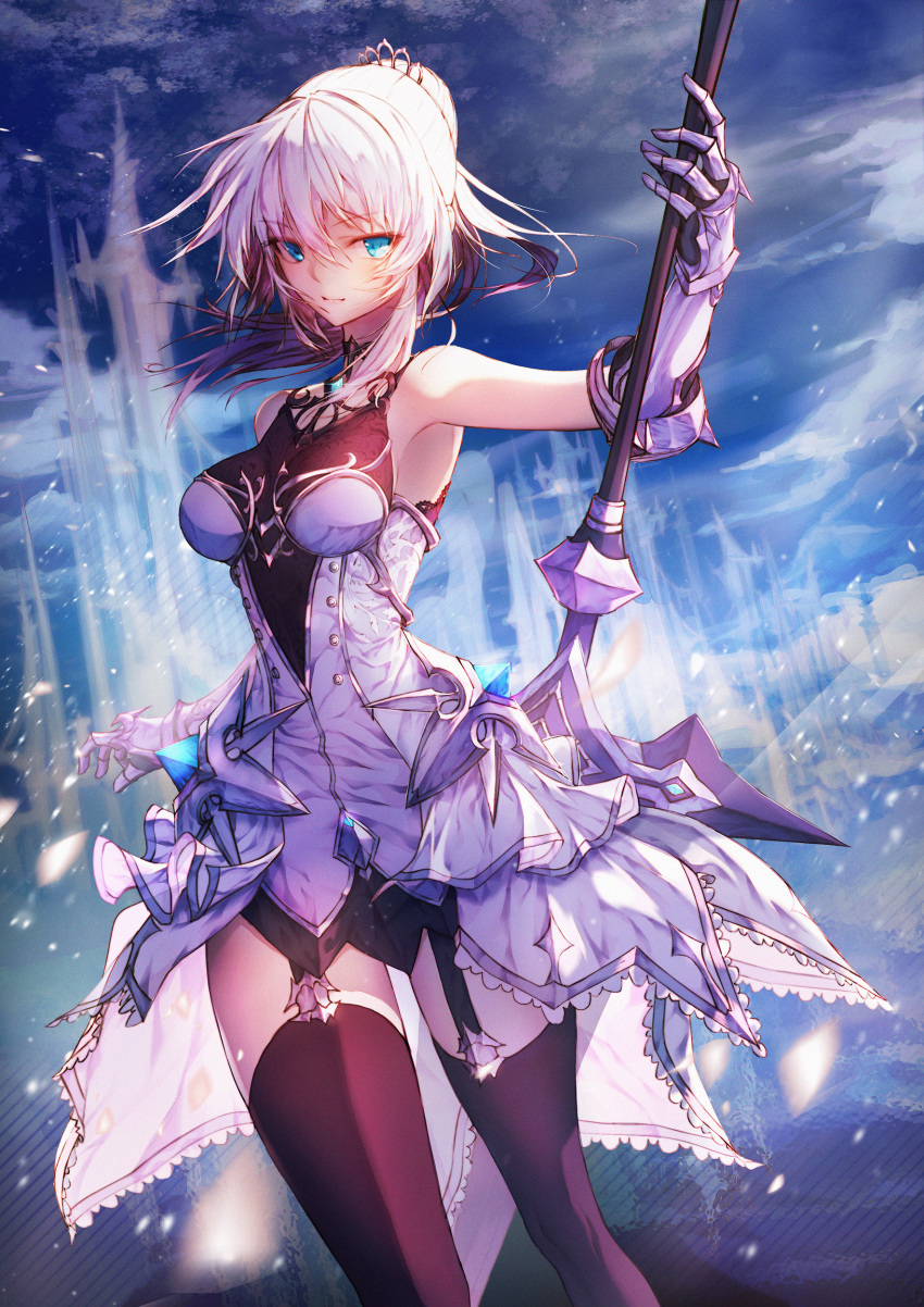 absurdres, ahoge, armor, armpits, bangs, bare_shoulders, black_legwear, blue_eyes
