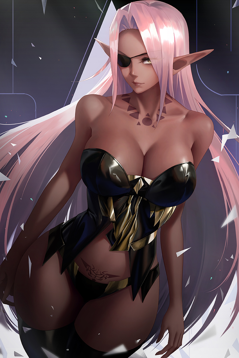 1girl, bare_arms, bare_shoulders, black_panties, breasts, cleavage, commentary, cowboy_shot