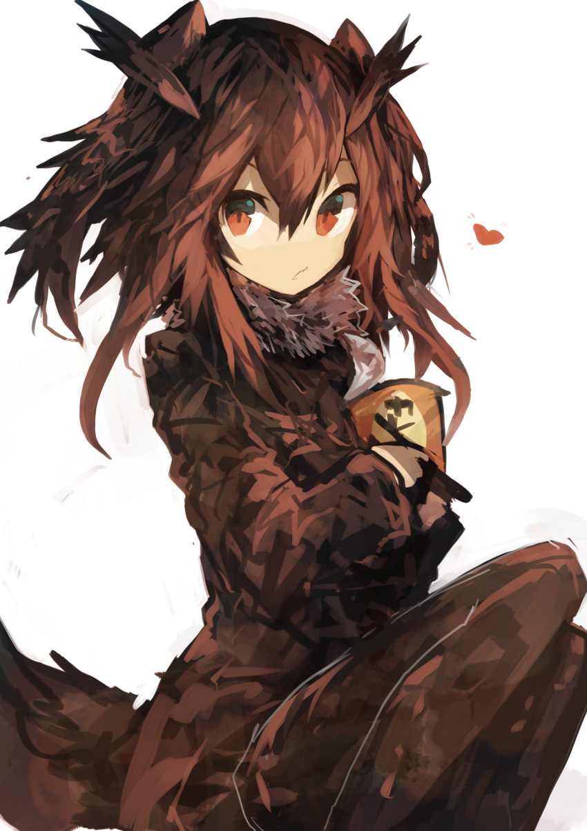 1girl, absurdres, bird_tail, bird_wings, brown_coat, brown_hair, brown_legwear, chopsticks