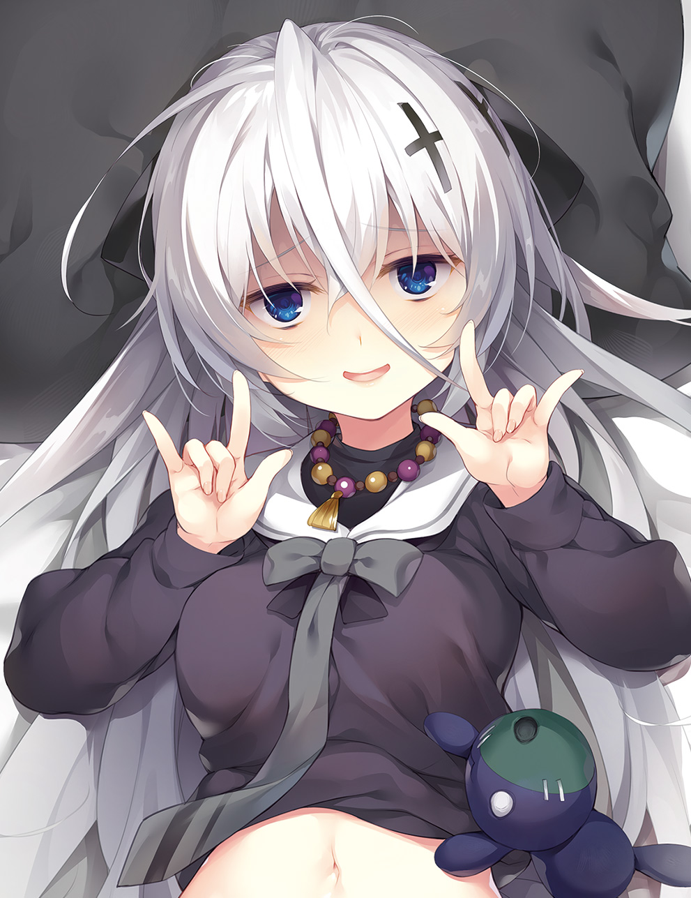 1girl, :d, ahoge, bangs, blue_eyes, breasts, cross_hair_ornament, eyebrows_visible_through_hair, grey_hair, grey_neckwear, hair_between_eyes, hair_ornament, hands_up, highres, jewelry, kaki_shizuku, long_hair, long_sleeves, looking_at_viewer, lying, medium_breasts, navel, necklace, necktie, neko_tsukissu!, on_back, open_mouth, original, senji_(tegone_spike), shaded_face, shirt, shirt_lift, sidelocks, smile, solo, stuffed_toy