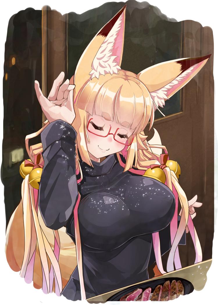 1girl, amino_dopple, animal_ear_fluff, animal_ears, bell, black_sweater, blonde_hair, blush