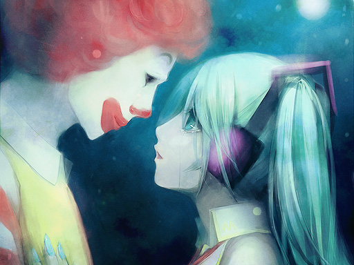 1girl, couple, eye_contact, green_eyes, green_hair, hatsune_miku, headphones, love