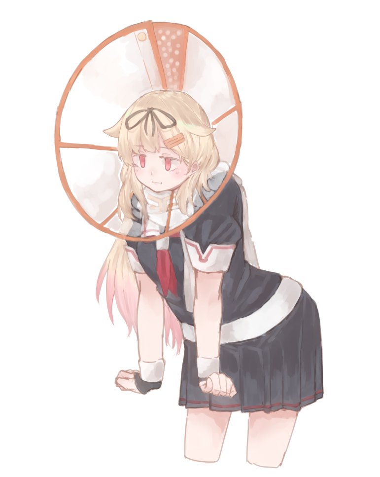 1girl, az_toride, black_ribbon, black_serafuku, black_skirt, blonde_hair, clenched_hands, cowboy_shot, elizabethan_collar, gradient_hair, hair_flaps, hair_ornament, hair_ribbon, hairclip, kantai_collection, long_hair, multicolored_hair, neckerchief, pleated_skirt, red_eyes, red_neckwear, remodel_(kantai_collection), ribbon, school_uniform, serafuku, short_sleeves, simple_background, skirt, solo, white_background, yuudachi_(kantai_collection)