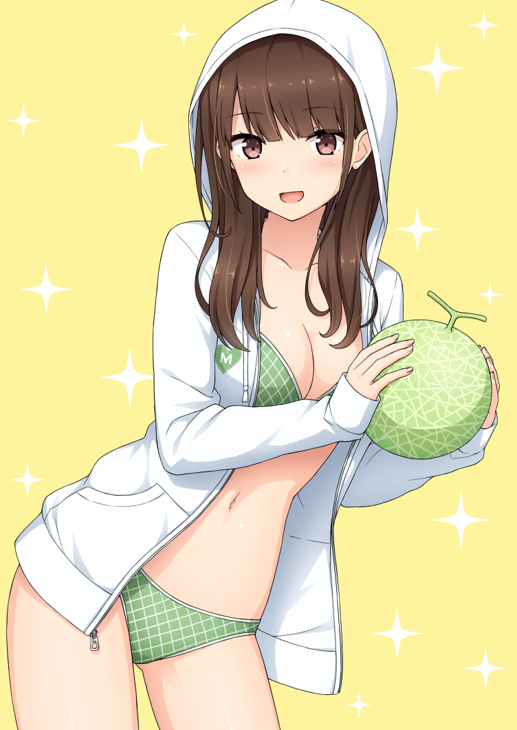 1girl, bangs, bikini, bikini_under_clothes, blunt_bangs, breasts, brown_hair, cleavage, collarbone, cowboy_shot, eyebrows_visible_through_hair, food, gluteal_fold, green_bikini, holding, holding_food, hood, hood_up, hooded_jacket, jacket, leaning_to_the_side, long_hair, long_sleeves, looking_at_viewer, medium_breasts, muskmelon, nakamura_sumikage, open_clothes, open_jacket, original, simple_background, solo, sparkle, swimsuit, unzipped, violet_eyes, white_jacket, yellow_background, zipper_pull_tab