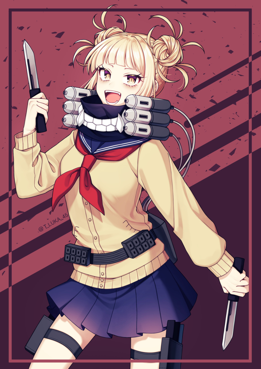 1girl, absurdres, bangs, beige_cardigan, blonde_hair, blue_skirt, blunt_bangs, blush