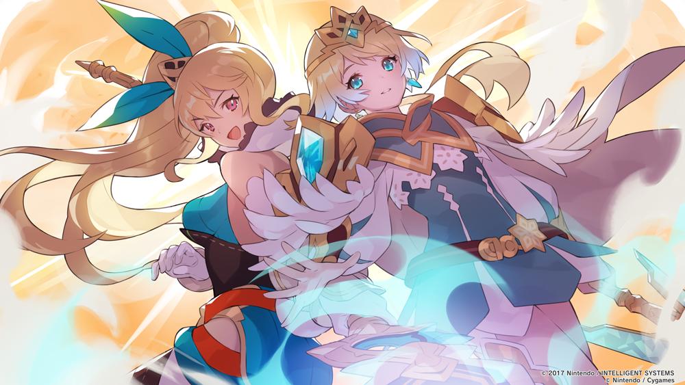 2017, 2girls, aqua_eyes, armor, bare_back, bare_shoulders, blonde_hair, breasts