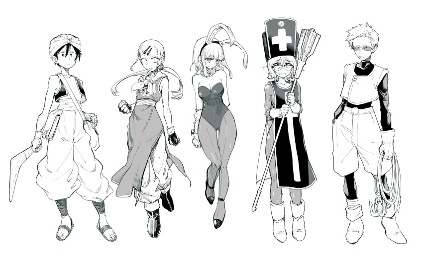 3boys, 3girls, alternate_hairstyle, arms_behind_back, bag, boomerang, boots, breasts