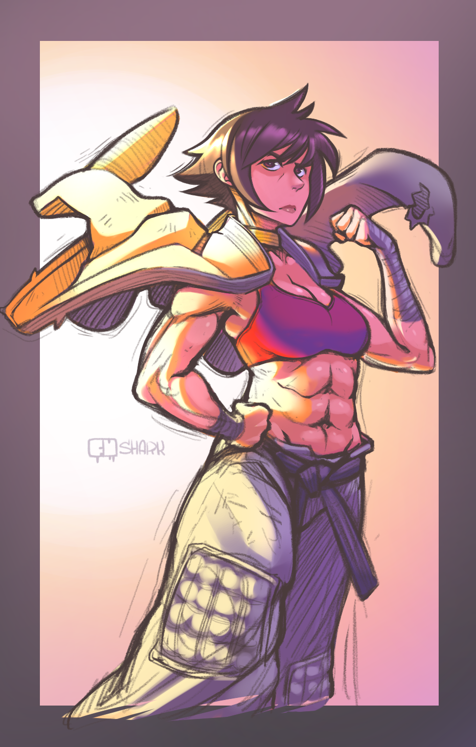 1girl, abs, belt, black_belt, black_hair, bra, breasts, brown_eyes