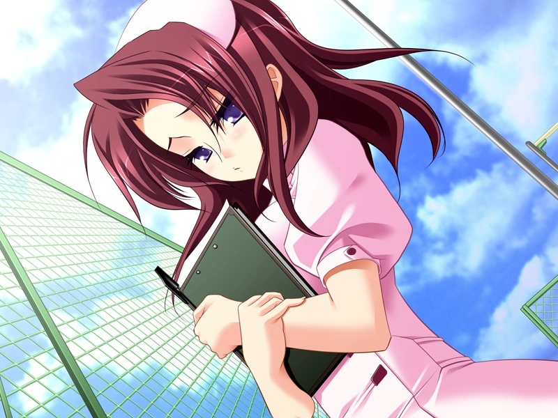 book, chainlink_fence, fence, from_below, game_cg, happy_hospital!, kagohara_asuka, looking_down
