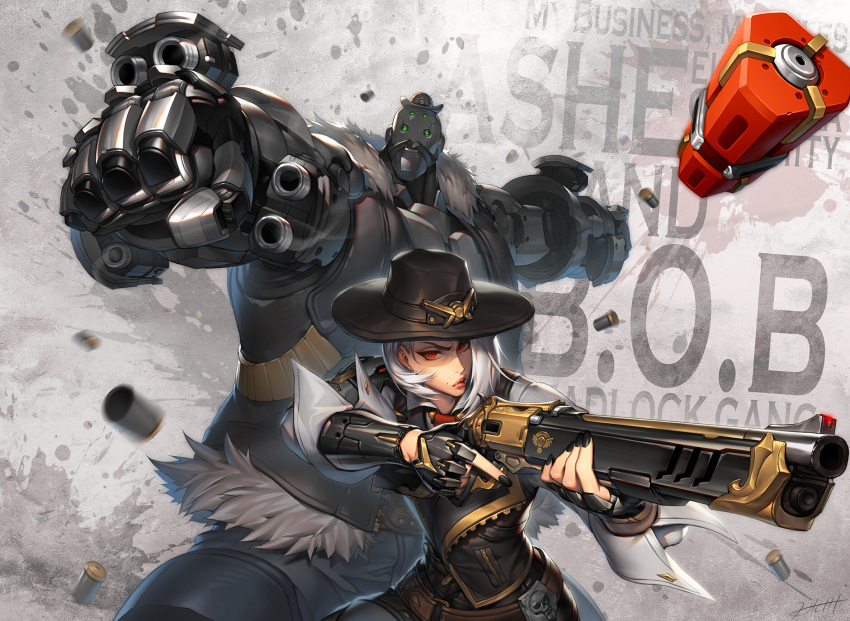 1boy, 1girl, aiming, arm_cannon, armor, ashe_(overwatch), black_nails, bob_(overwatch)