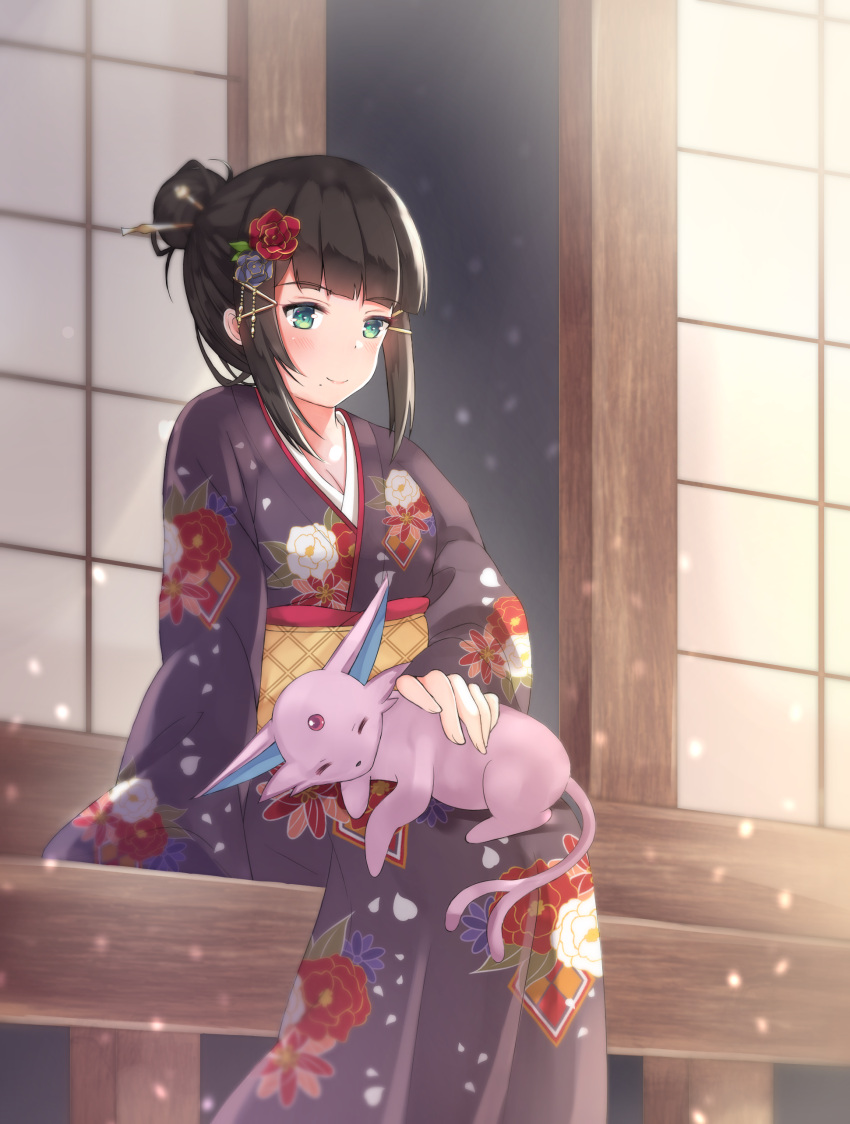 1girl, absurdres, alternate_costume, alternate_hairstyle, architecture, bangs, black_hair, black_kimono