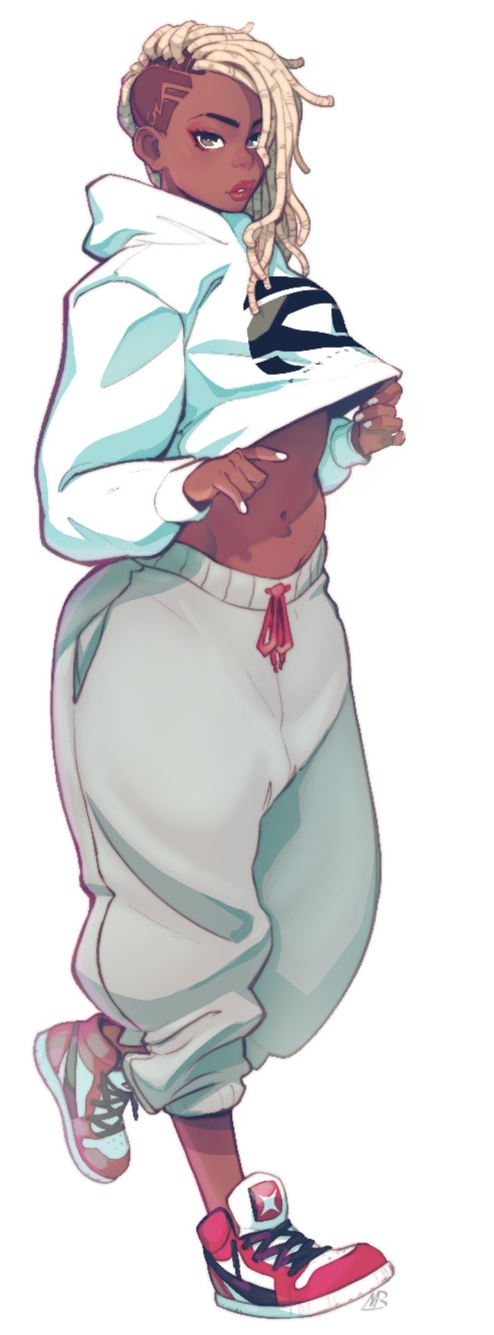 1girl, blonde_hair, cowboy_shot, dark_skin, eymbee, full_body, hairlocs, high_tops