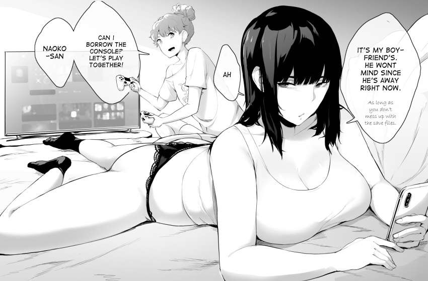 2girls, bangs, bed, blunt_bangs, breasts, cellphone, cleavage, commentary, english_commentary, english_text, evelyn_gandana, game_console, greyscale, hair_bun, highres, holding, holding_phone, large_breasts, long_hair, lying, monochrome, multiple_girls, naoko-san, naoko_(9113419), off_shoulder, on_stomach, original, panties, phone, playing_games, playstation_4, playstation_controller, shirt, sidelocks, socks, t-shirt, tank_top, television, underwear