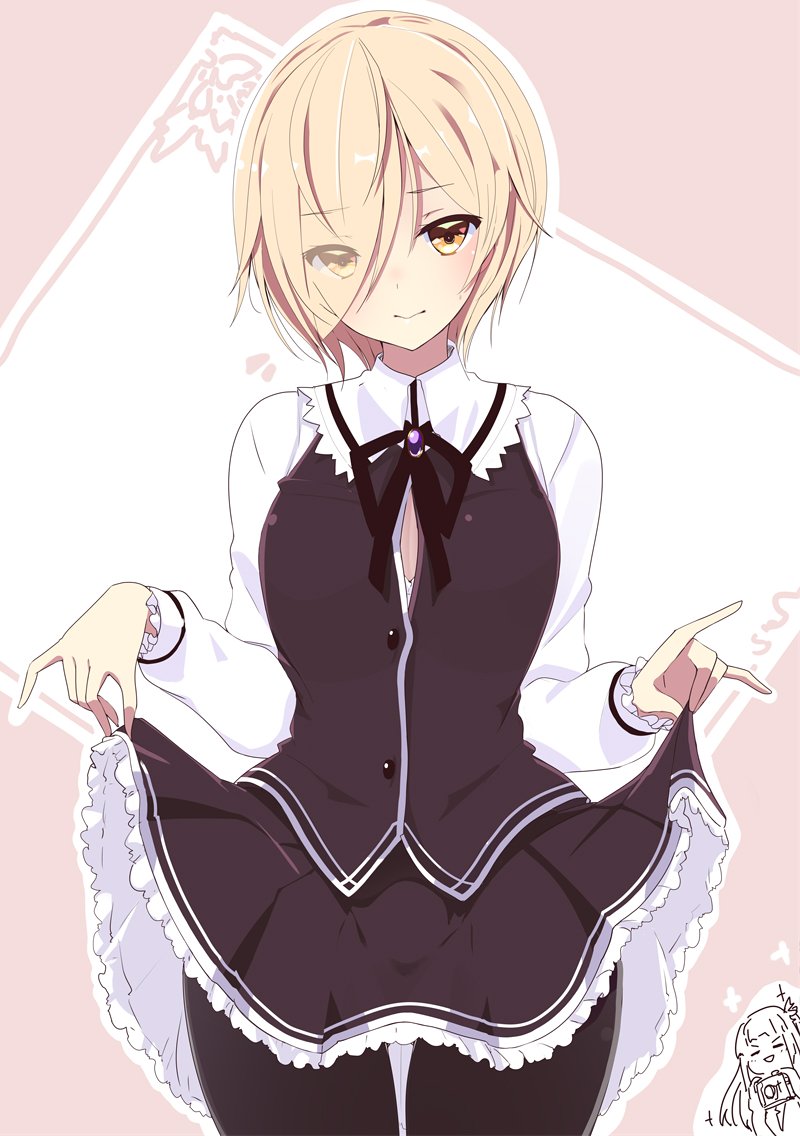 1boy, 1girl, bangs, black_legwear, black_ribbon, black_skirt, blonde_hair, bra