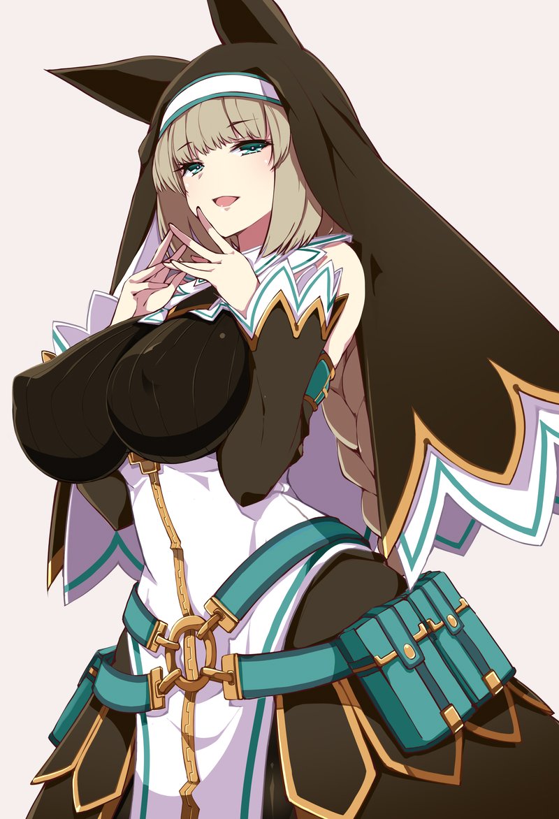1girl, animal_ears, bangs, belt_pouch, black_sweater, bombergirl, braid, breasts, brown_hair, commentary, detached_sleeves, dress, erect_nipples, eyebrows_visible_through_hair, fake_animal_ears, green_belt, green_eyes, habit, half-closed_eyes, hands_up, large_breasts, light_brown_background, long_hair, looking_at_viewer, mutou_kurihito, nun, open_mouth, own_hands_together, pouch, ribbed_sweater, sepia_belmondo, sidelocks, simple_background, single_braid, smile, solo, standing, sweater, symbol_commentary, white_dress, zipper