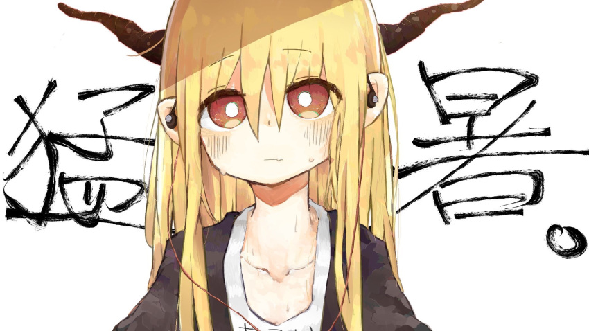 1girl, blonde_hair, brown_eyes, commentary_request, demon_girl, earphones, eyebrows_visible_through_hair, eyes_visible_through_hair