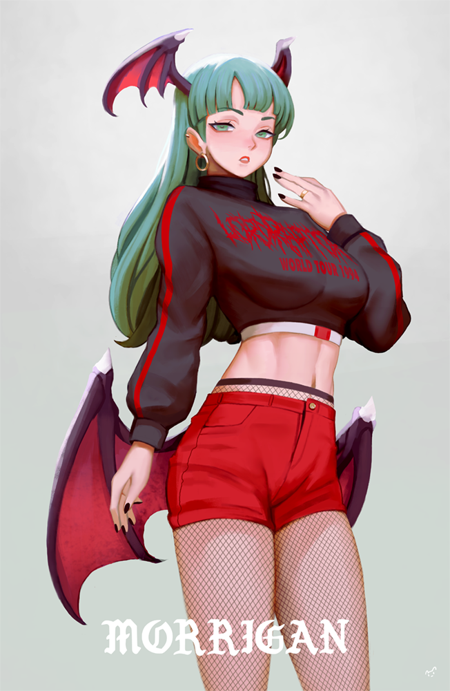 1girl, alternate_costume, bangs, bat_wings, black_nails, black_shirt, blush, breasts