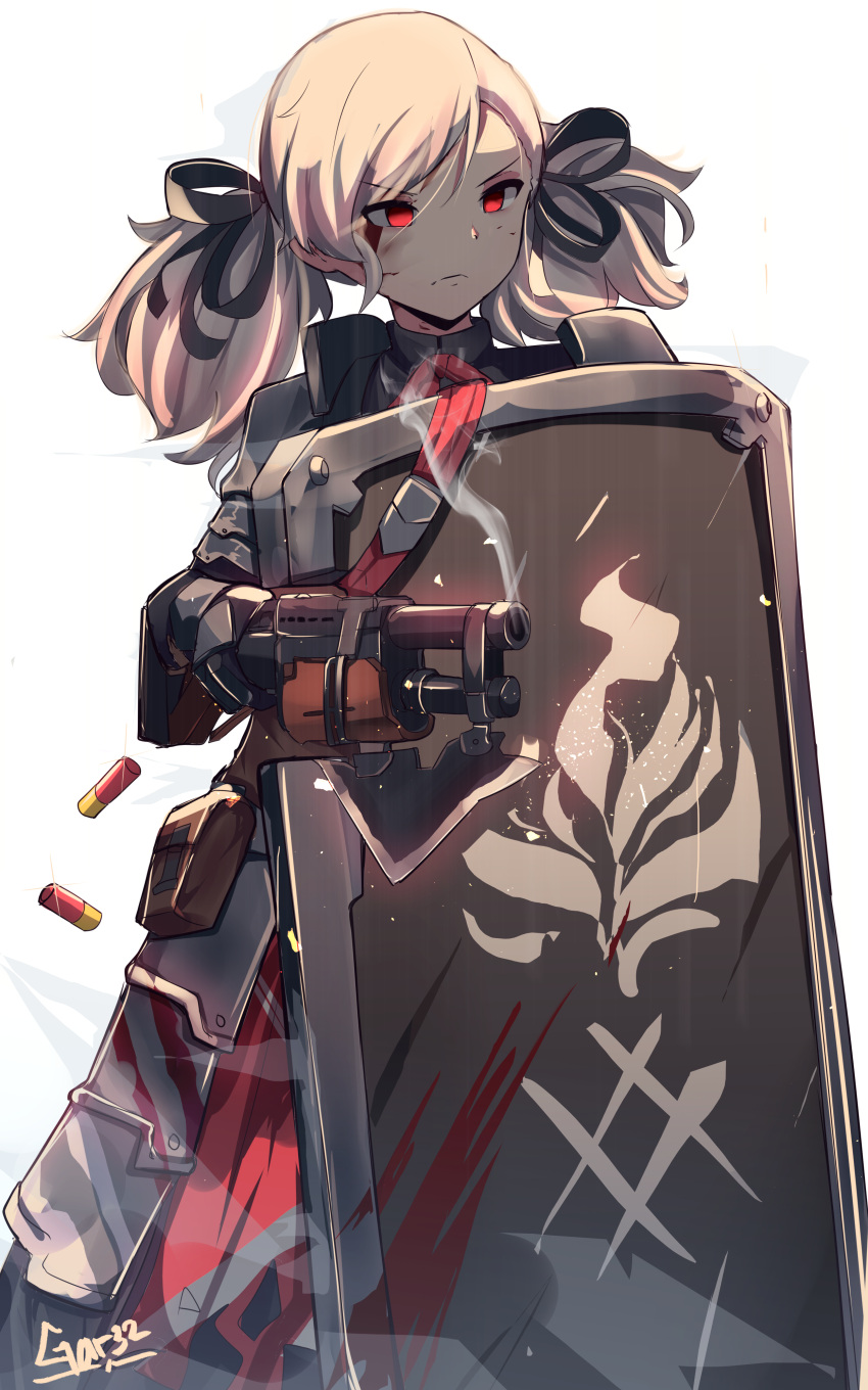 >:(, 1girl, absurdres, bangs, black_jacket, black_ribbon, black_skirt, blonde_hair