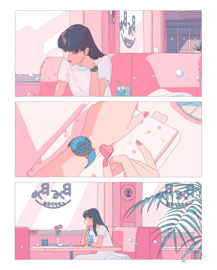 1girl, absurdres, aorkgk, backwards_text, bangs, black_hair, blunt_bangs, booth