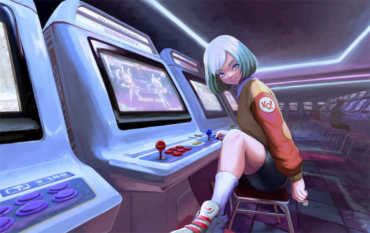 1girl, aqua_hair, arcade, arcade_cabinet, bangs, bike_shorts, blue_eyes, christy_frisby
