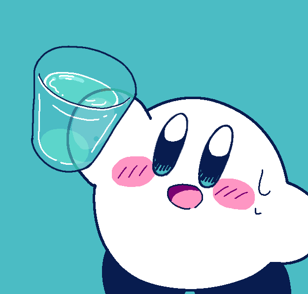 amedama_(akaki_4207), aqua_background, blue_eyes, blush, cup, hal_laboratory_inc., holding, holding_cup