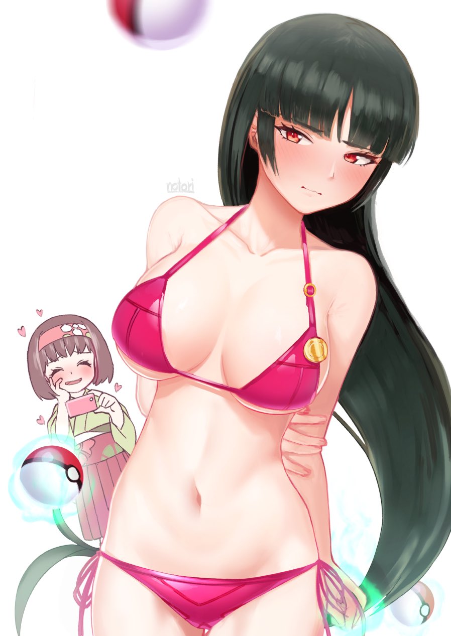 2girls, badge, bikini, black_hair, blush, breasts, cellphone, creatures_(company), erika_(pokemon), game_freak, gym_leader_badge, hairband, heart, highres, japanese_clothes, kimono, large_breasts, marsh_badge, multiple_girls, natsume_(pokemon), navel, nintendo, notori_d, phone, poke_ball, pokemon, red_eyes, side-tie_bikini, signature, smartphone, swimsuit, taking_picture, telekinesis, white_background