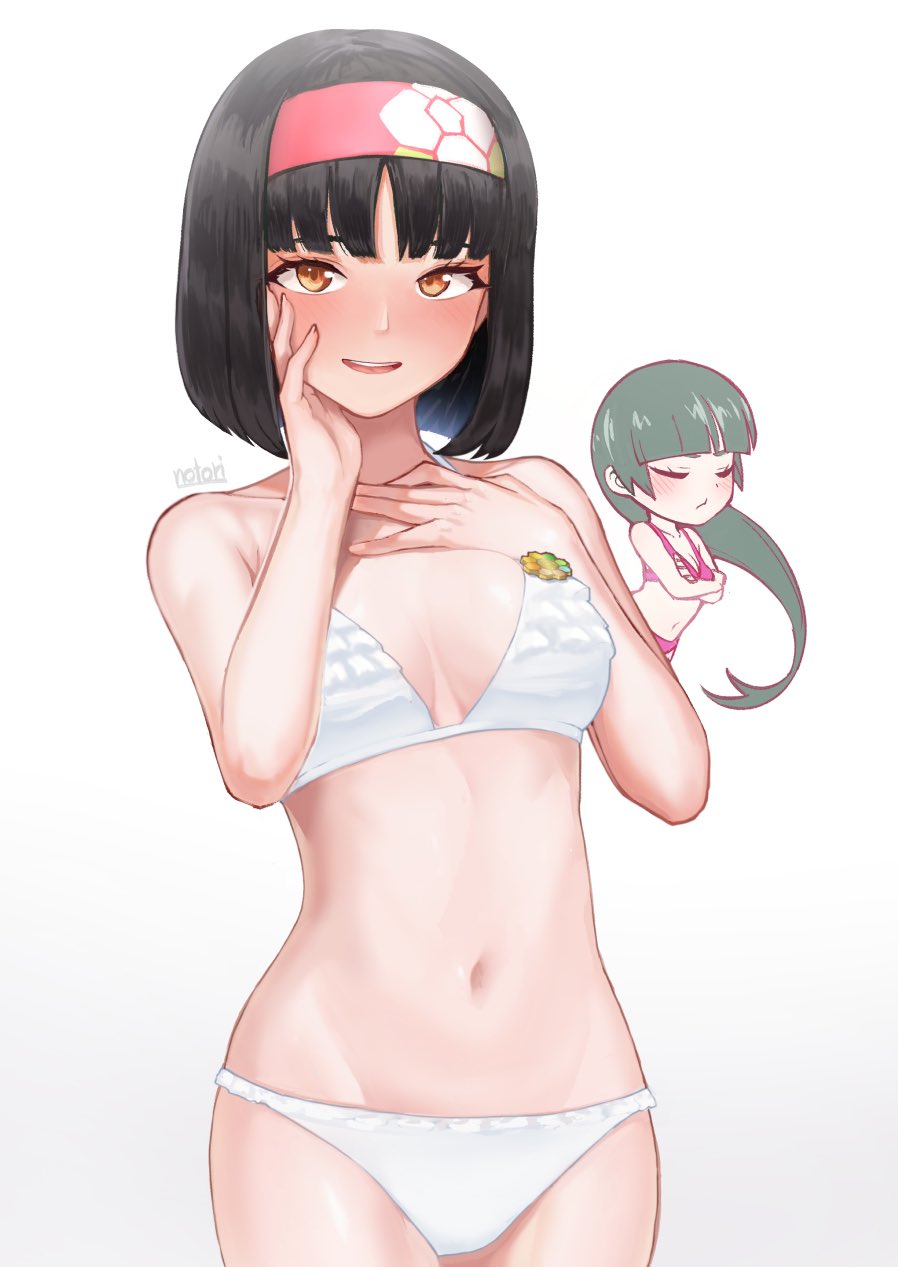 2girls, badge, bikini, black_hair, blush, breasts, brown_eyes, creatures_(company)