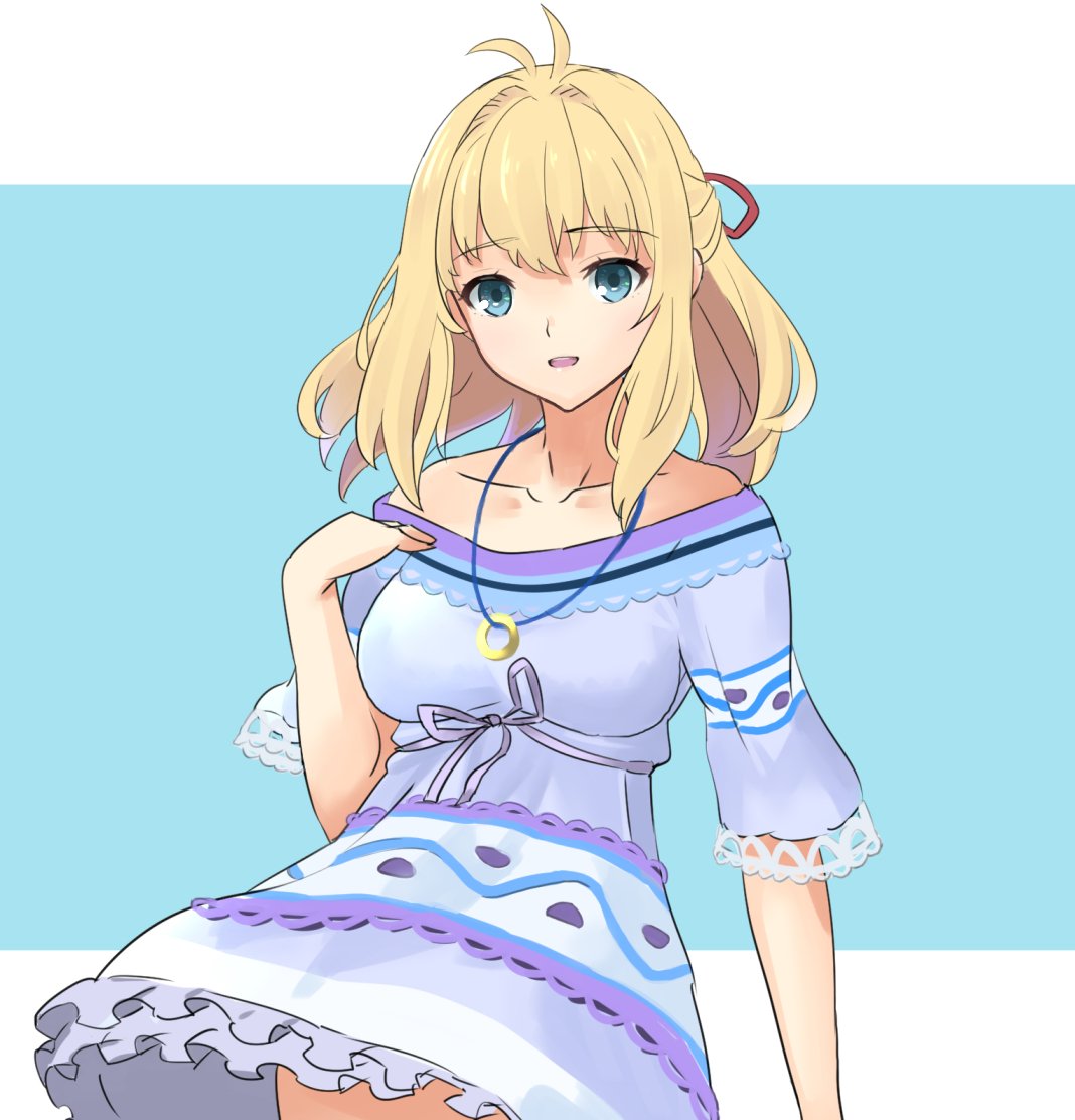 1girl, blonde_hair, blue_eyes, breasts, dolling60883582, dress, fiorun, jewelry