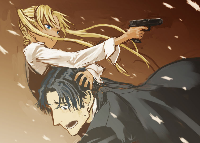 gun, gunslinger_girl, raita, triela, twintails, victor_hillshire, waistcoat, weapon