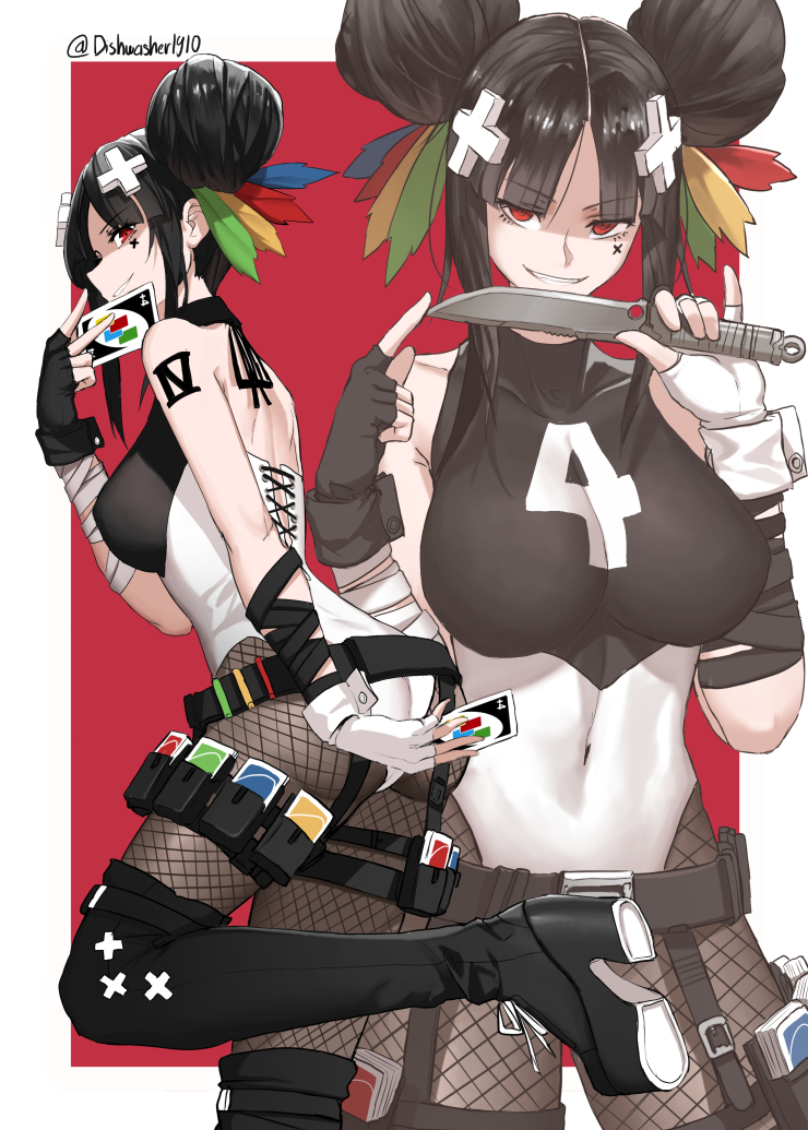 1girl, ass, black_hair, black_legwear, boots, breasts, card, covered_navel