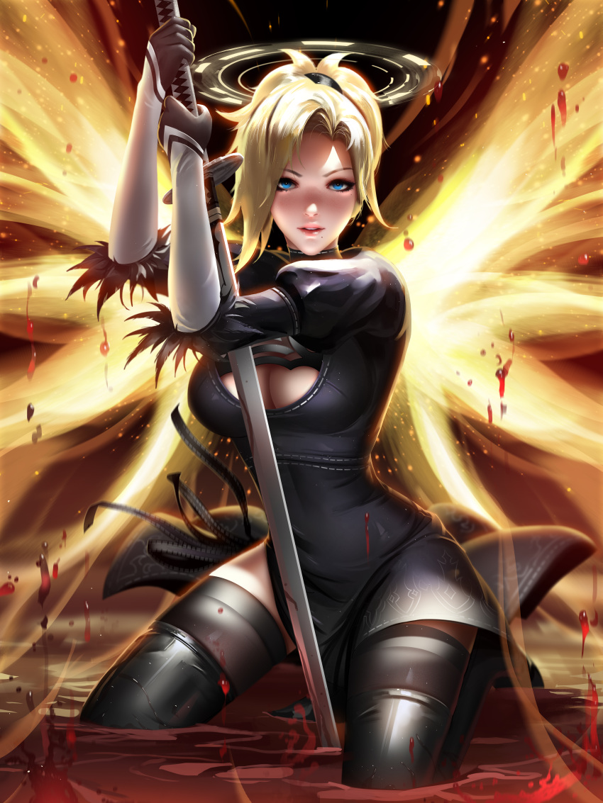1girl, absurdres, arms_up, black_dress, black_gloves, blonde_hair, blue_eyes, breasts