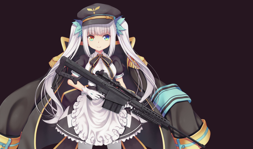 1037519921, 1girl, absurdres, apron, armband, black_background, breasts, gloves