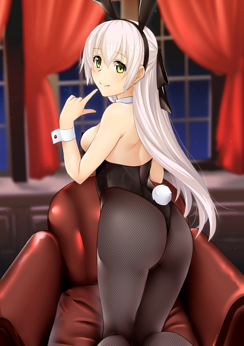 1girl, animal_ears, ao_no_kiseki, ass, back, backless_outfit, bare_shoulders, blurry