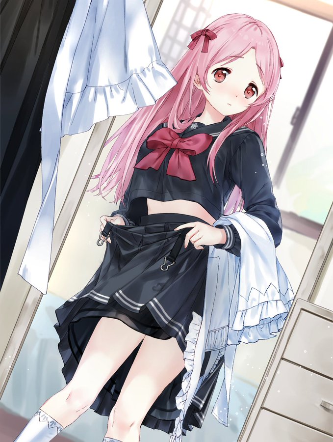 1girl, apron, apron_removed, bangs, black_sailor_collar, black_serafuku, black_shirt, black_skirt