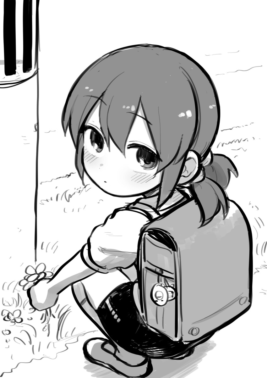 1girl, backpack, bag, bike_shorts, blush, child, commentary, eyebrows_visible_through_hair