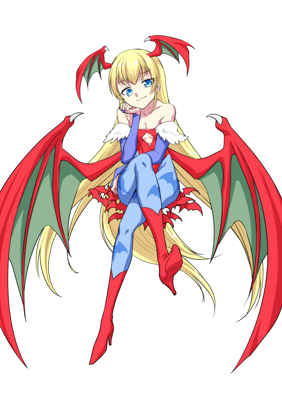 1girl, animal_print, bare_shoulders, bat, bat_print, bat_wings, blonde_hair, blue_eyes