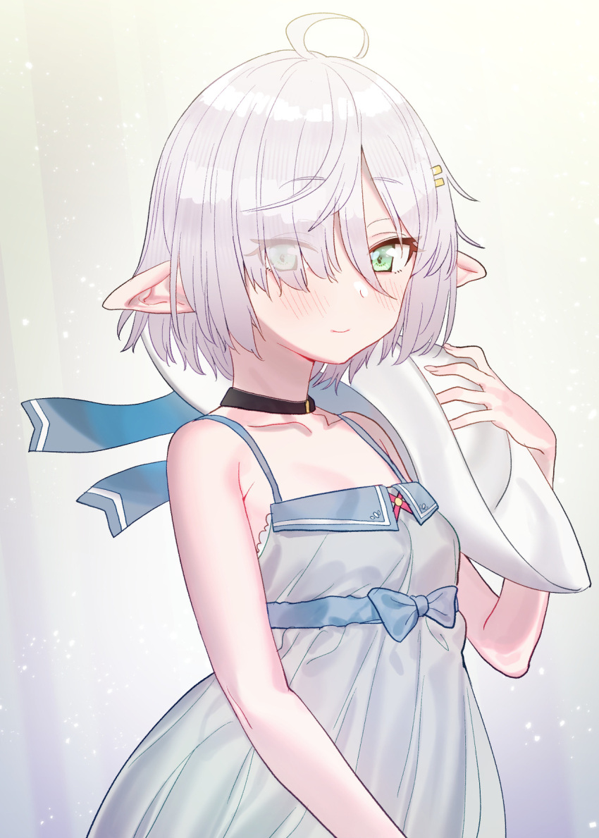 1girl, ahoge, bangs, bare_shoulders, dress, elf, eyebrows_visible_through_hair, eyes_visible_through_hair