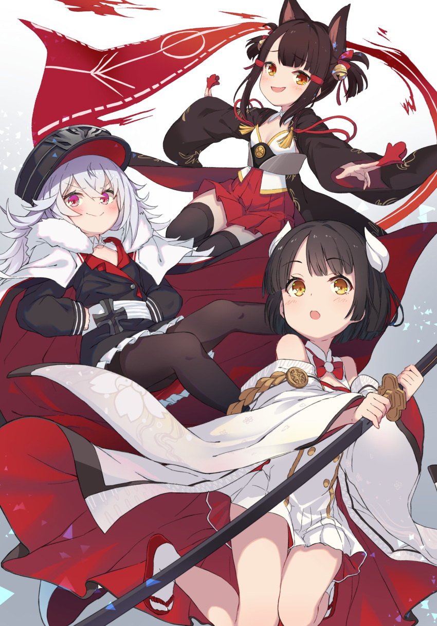 3girls, absurdres, akagi-chan_(azur_lane), akagi_(azur_lane), animal_ears, azur_lane, bare_shoulders, bell