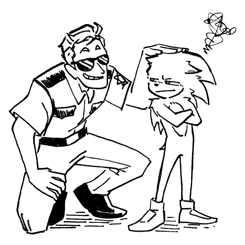 2boys, :|, annoyed, closed_mouth, full_body, greyscale, hailey_lain, hedgehog