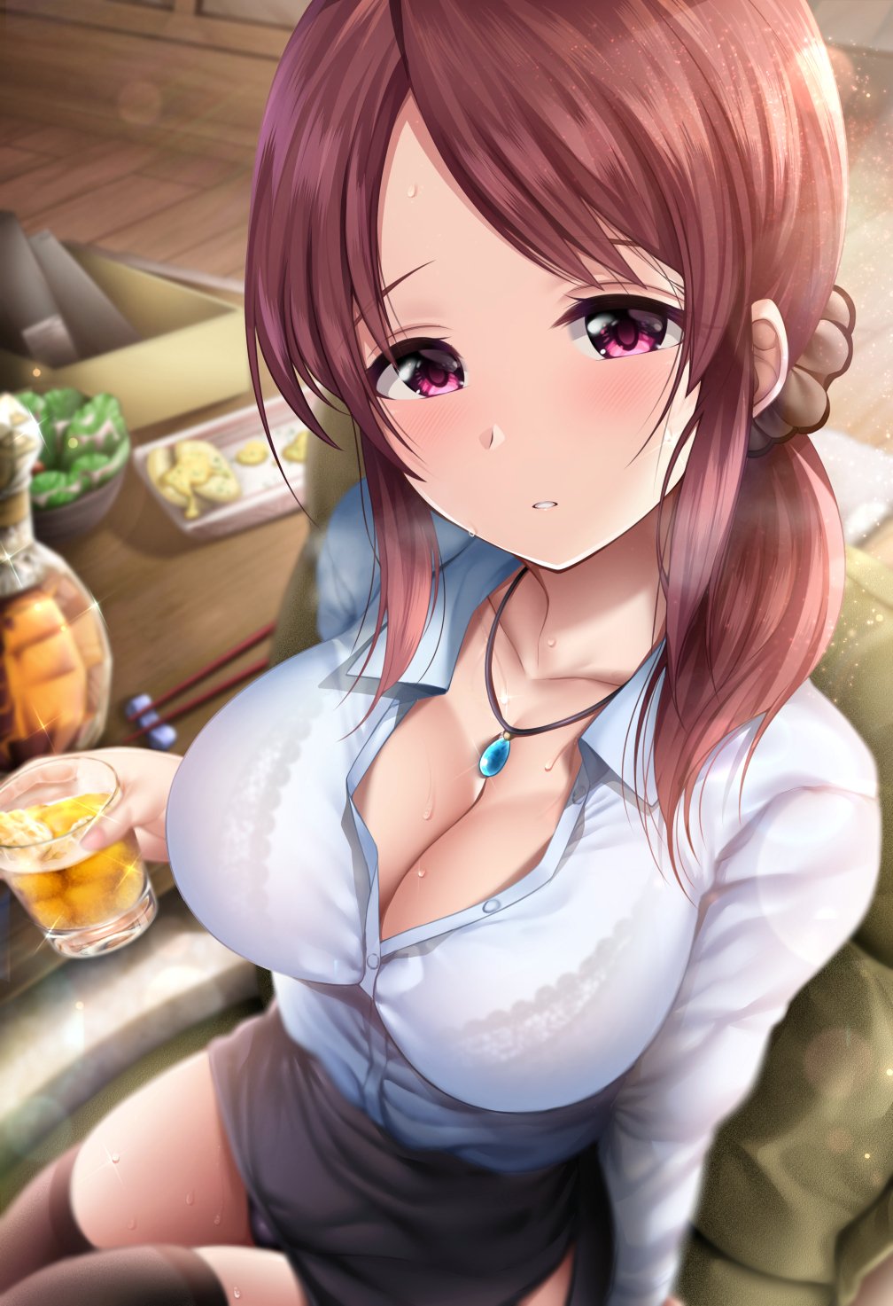 1girl, arm_support, bangs, black_legwear, black_skirt, blush, bra, bra_through_clothes, breasts, brown_hair, cleavage, collarbone, cup, eyebrows_visible_through_hair, garana, hair_ornament, hair_scrunchie, highres, holding, holding_cup, idolmaster, idolmaster_cinderella_girls, jewelry, lace, lace-trimmed_bra, large_breasts, long_hair, long_sleeves, looking_at_viewer, mifune_miyu, parted_lips, ponytail, scrunchie, shirt, sitting, skindentation, skirt, solo, sweat, thigh-highs, turquoise_(gemstone), underwear