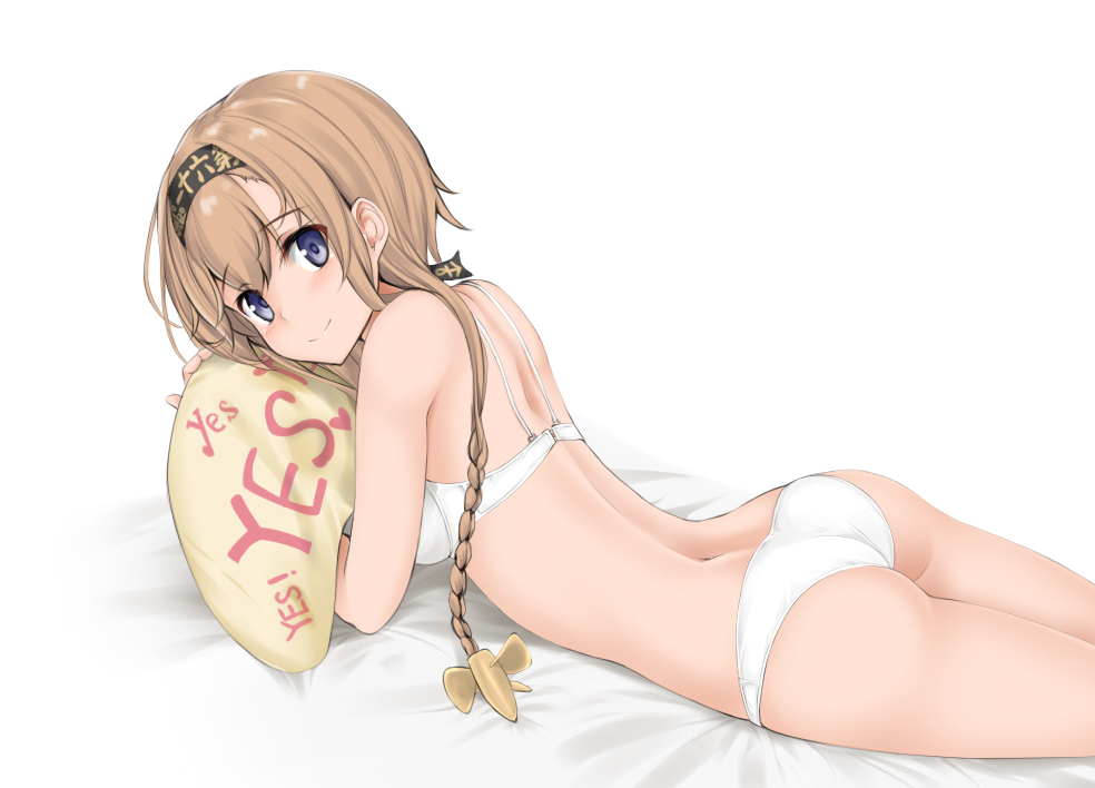 1girl, ass, bangs, blue_eyes, bra, braid, brown_hair, closed_mouth