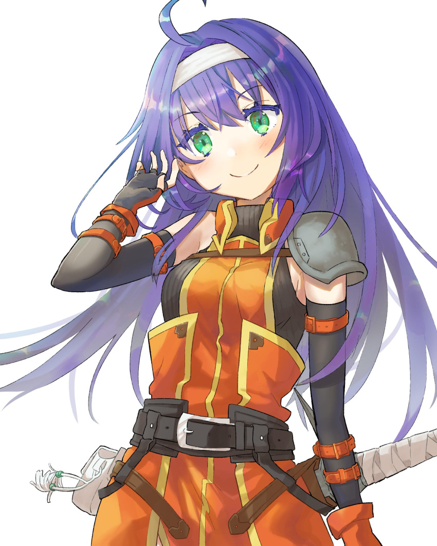 1girl, absurdres, ahoge, belt, black_gloves, blue_hair, closed_mouth, cute, elbow_gloves, fingerless_gloves, fire_emblem, fire_emblem:_souen_no_kiseki, gloves, green_eyes, hairband, highres, intelligent_systems, long_hair, nintendo, peppedayo_ne, pouch, pretty, sheath, sheathed, simple_background, sleeveless, smile, solo, upper_body, wayu_(fire_emblem), white_background, white_hairband