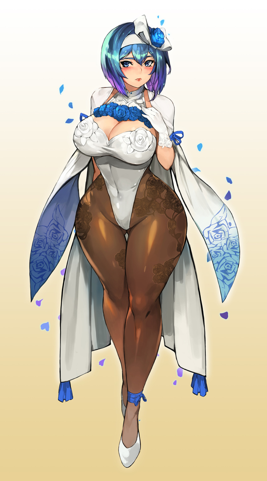 1girl, blue_hair, breasts, curvy, floral_print, gloves, gradient_hair, gurimjang, hairband, highleg, highres, large_breasts, multicolored_hair, original, purple_hair, solo, unitard, wide_hips