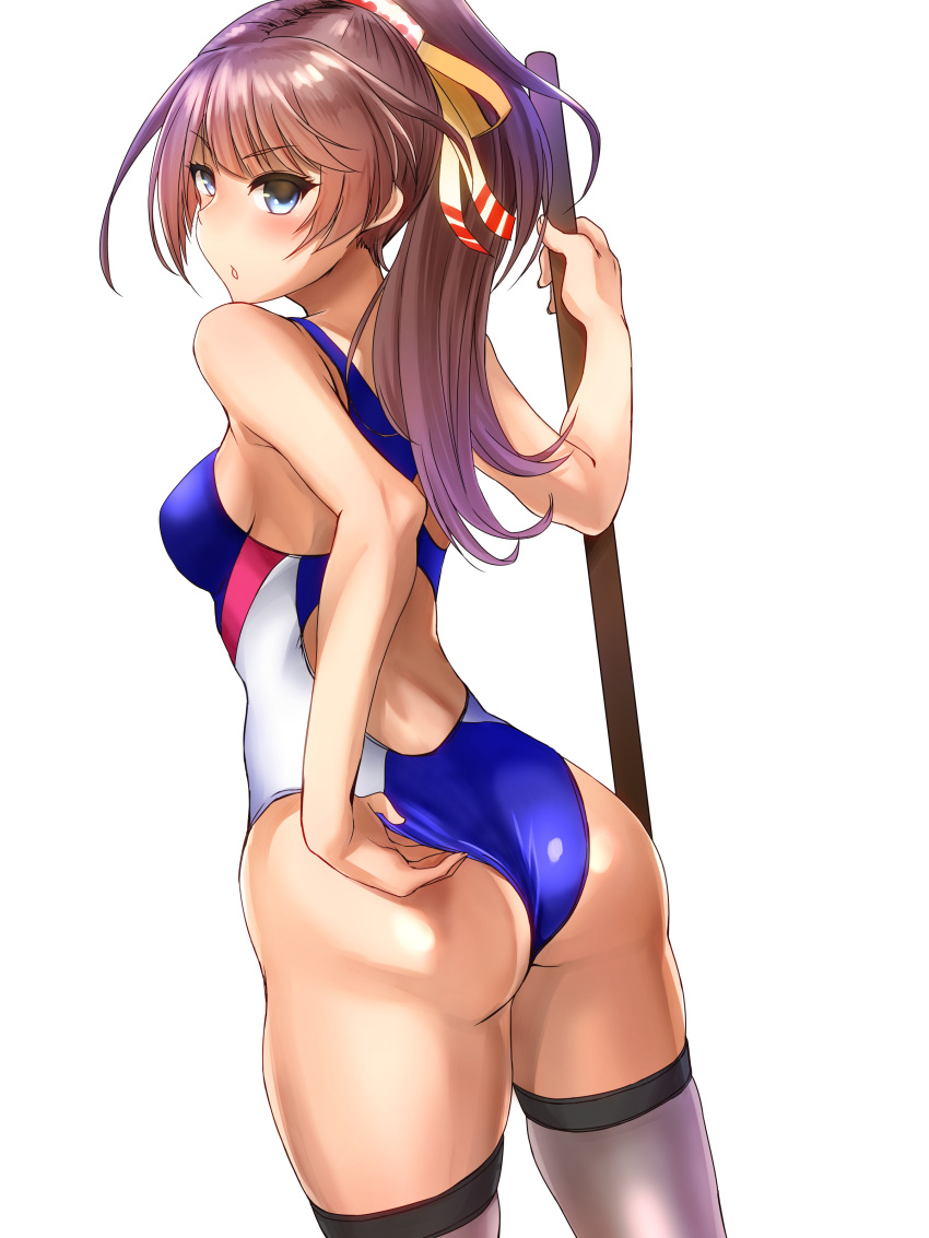 1girl, absurdres, ass, blush, breasts, brown_hair, closed_mouth, competition_swimsuit