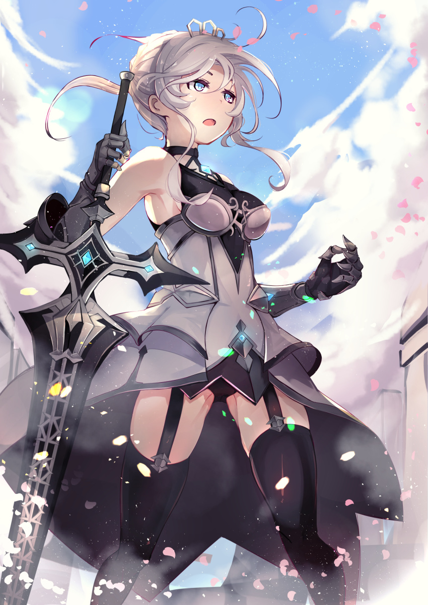 ahoge, armor, armpits, bangs, black_legwear, blue_eyes, blue_sky, breasts
